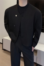 王嘉尔同款小香风加棉外套时尚简约无领珍珠扣短款夹克男0233P123，男装夹克，电商B267