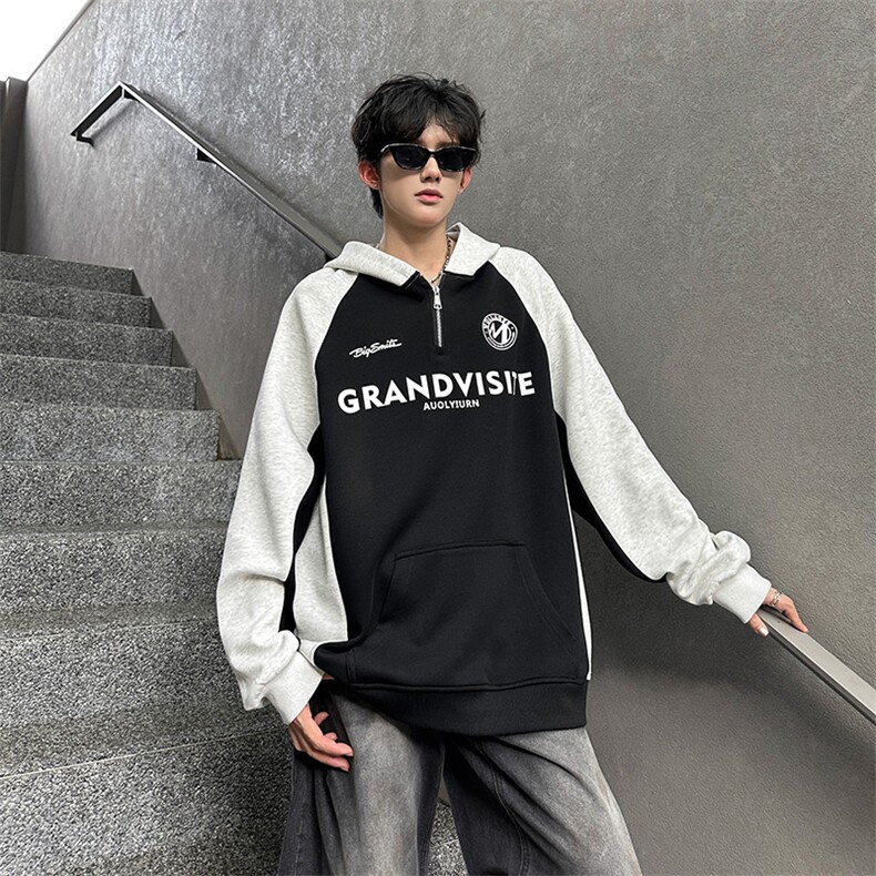 秋季宽松休闲拼接POLO套头卫衣潮外套XZ808B-WH085-P50，男装Polo衫，星座808B