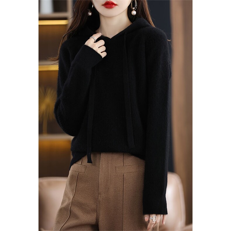 连帽羊毛衫秋季套头毛衣简约百搭针织羊毛打底衫，女装羊毛衫，绒汀羊绒