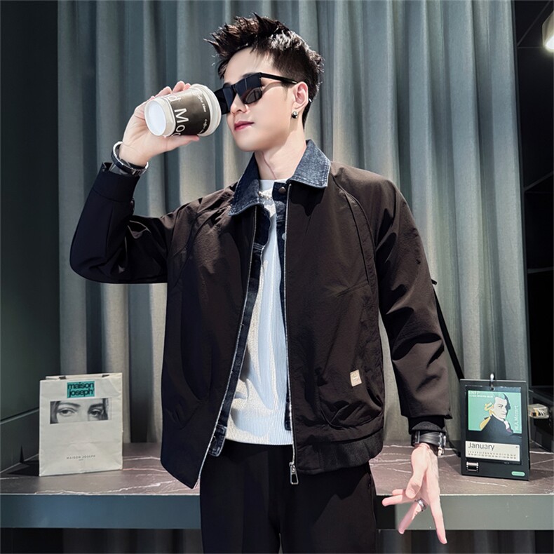 J9299-P118控158春秋季时尚男假件叠穿牛仔拼接外套2025新款男装图片