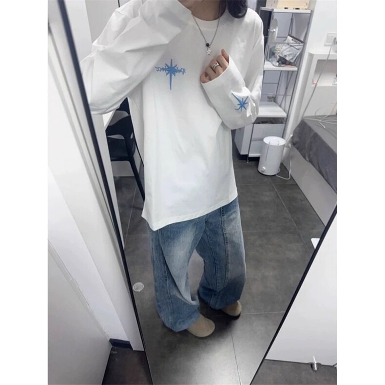 网图有货美式复古标语宽松刺绣长袖男女情侣宽松上衣A945-P35,男装T恤,星座1505