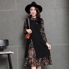 连衣裙2021年秋季潮流简约个性显瘦修身百搭圆领长袖中长款，女装连衣裙，安之芮娜