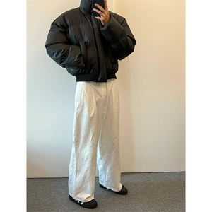 现货5W件冬季三防重磅硬挺boxy短款羽绒立领PU皮棉衣外套加厚棉服图片