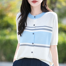 夏季新款时尚气质条纹圆领开衫女修身显瘦百搭休闲上衣，女装针织衫/毛衣，萱芳婷羊绒