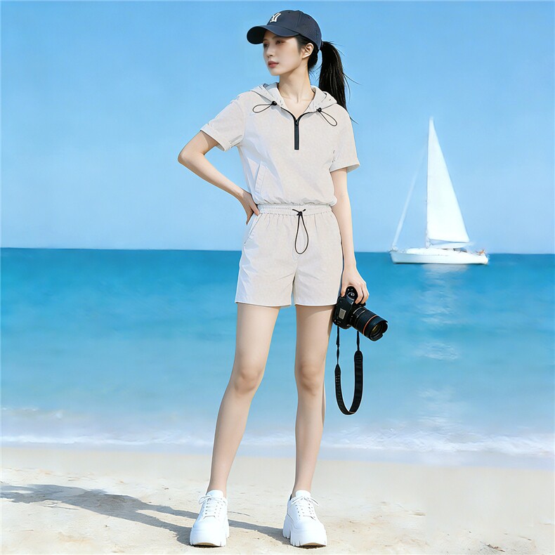 韩版时尚套装女夏季新款洋气减龄连帽半开拉链短袖上衣短裤两件套,女装套装/套裙,江南