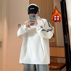 W8901加绒-P68秋冬大码纯棉男女同款两条杠加绒加厚立领卫衣，男装卫衣，星座109