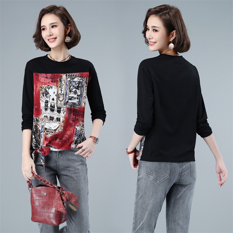 长袖卫衣女宽松套头设计感印花2021新款早秋纯棉韩版蝴蝶结打底衫，女装卫衣/绒衫，伊满意