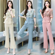 洋气减龄短袖雪纺套装女夏装2025新款时尚微喇叭阔腿裤套装两件套，女装套装/套裙，妙形