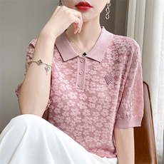 Polo领针织衫女短袖2024年夏季新款潮镂空上衣，女装针织衫/毛衣，暖圣羊羊绒