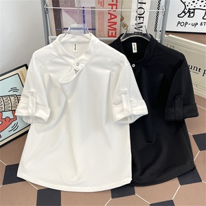 夏高级感痞帅立领T恤男短袖潮流可收袖设计感五分半袖t恤LS63 P40图片