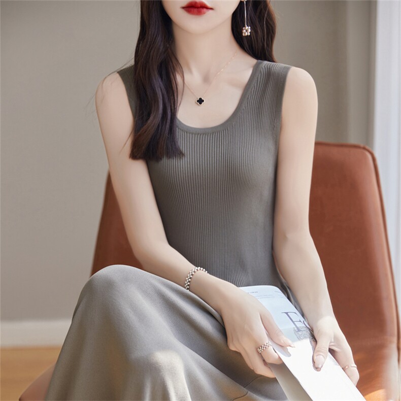 高级感冰丝针织吊带裙女夏新款长款收腰内搭无袖显瘦打底连衣裙子,女装连衣裙,暖姿羊绒