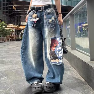 个性破洞水洗蓝色牛仔裤女夏宽松显瘦百搭直筒阔腿拖地裤 NZ7027图片