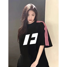 抖音得物品质二开240克宽松纯棉美式潮牌印花三条杠中性风短袖T恤，男装T恤，电商A486-1