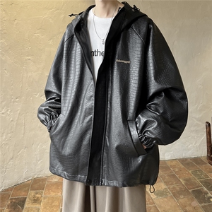 1鳄鱼纹连帽冲锋衣大码M-5XL面层：PU皮夹克男JK8744P90控128图片