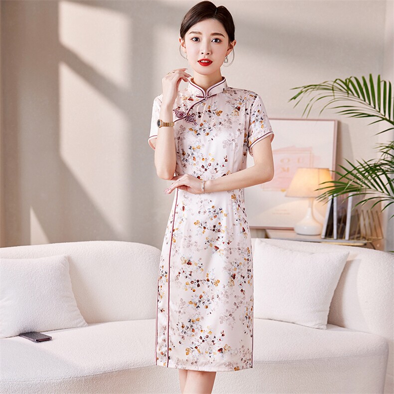 2023年春季新款时尚气质中长款印花专柜品质真丝短袖旗袍，女装汉服/婚纱/旗袍/礼服，媚琳依坊