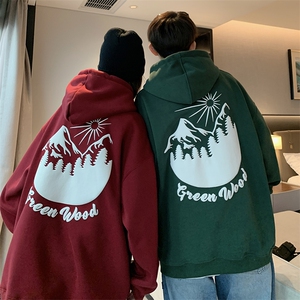 eq174 发泡印花雪山图案连帽套头卫衣男女情侣装春装外套202新款图片