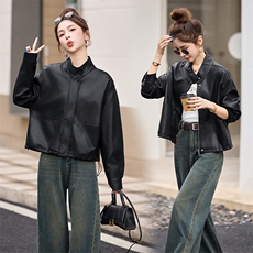 海宁2025新款气质时尚百搭拉链皮衣外套女高级感立领夹克，女装皮衣，江南女神
