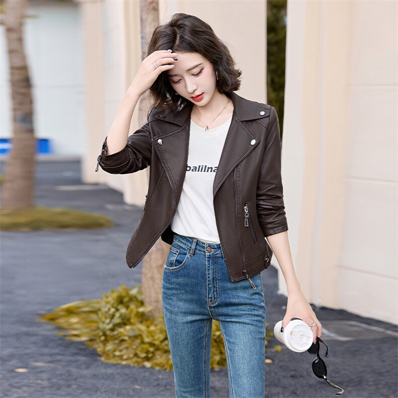 现货仿真皮外套女短款2024春秋新款时尚宽松显瘦机车皮夹克上衣，女装皮衣，美拉德工厂直营店