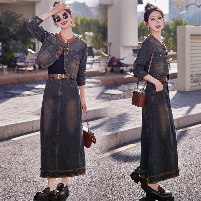 2024年新款复古牛仔拼接盘扣外套+半身长款两件套裙，女装套装/套裙，瑶迪依秀