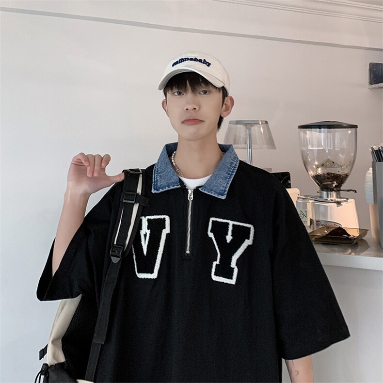 夏季美式复古刺绣t恤小众男潮牌半拉链牛仔领情侣短袖 T970-P35图片