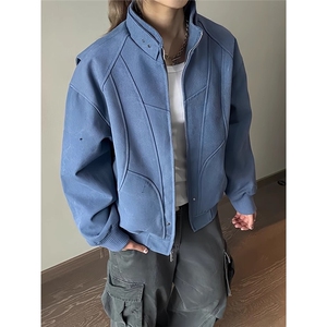 B974-P86 冰川蓝短款工装外套男款水洗重磅解构棒球服图片