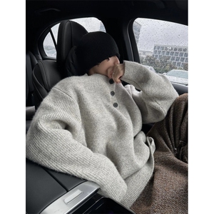 5010-P54灰色美式复古亨利领毛衣男款冬季慵懒风高级感针织衫