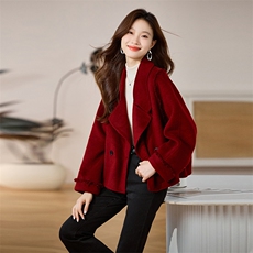 2025冬季新款双面羊绒大方领短款袖口毛八边时尚外套，女装双面呢大衣，蝶眷