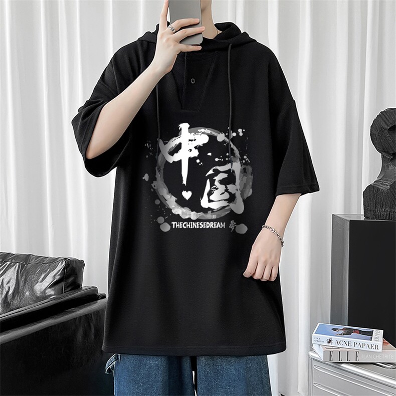 LD54134-P45 连帽短袖t恤男大码胖子带帽五分袖中袖图片