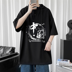LD54134-P45 连帽短袖t恤男大码胖子带帽五分袖中袖图片