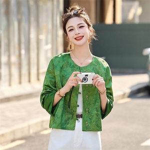 超好看绿色新中式国风提花短外套女2025春秋新款宽松显瘦圆领上衣图片