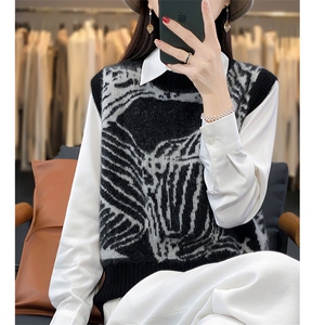 拼色圆领100%纯羊毛衫马甲女宽松无袖坎肩背心叠穿羊绒打底衫上衣图片