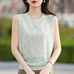 夏季新款精纺细支竹节麻女圆领针织衫宽松短款无袖背心薄款打底衫图片