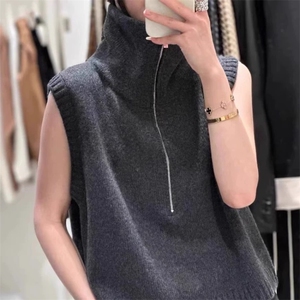 小禾同款羊毛马甲秋冬新半拉链双层领设计坎肩背心翻领女无袖毛衣图片