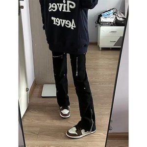 美式vibe风多口袋拉链微喇牛仔裤男高街机能直筒宽松伐木工装裤子图片