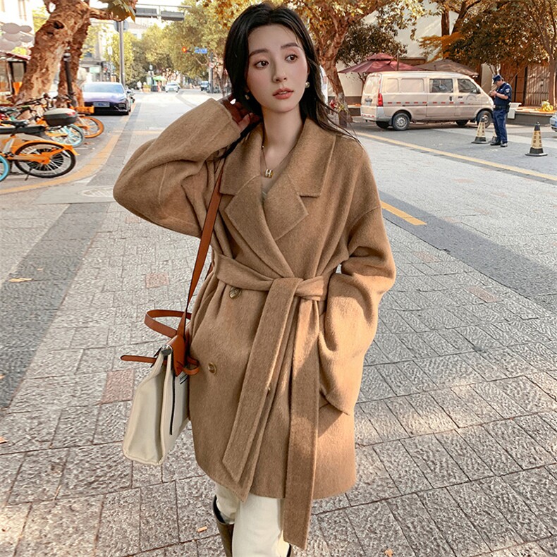 M家经典高级感双面羊绒大衣女系带羊驼绒中款小个子宽松毛呢外套，女装双面呢大衣，荣图大衣