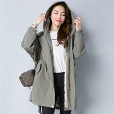 长袖中长款直筒2024年秋季拉链连帽时尚百搭纯色风衣，女装风衣，江忆布依