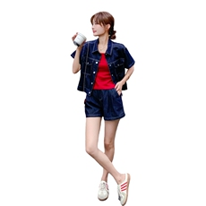 2025夏季女宽松显瘦新款淡人时尚休闲百搭牛仔外套吊带短裤三件套，女装套装/套裙，2D045