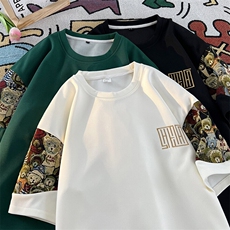 夏季男士刺绣圆领T恤拼接薄款上衣潮流小熊体恤汗衫A266-T188-P22，男装T恤，电商A266