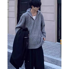 灰色半拉链连帽毛衣男秋冬宽松oversize慵懒风针织衫外套ML107，男装针织衫/毛衣，星座1116A（原606A-3）