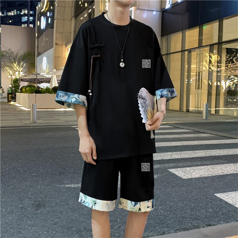 新中式风两件套夏季新中式禅意短袖t恤男套装A436-D223-P52,男装休闲套装,电商A436