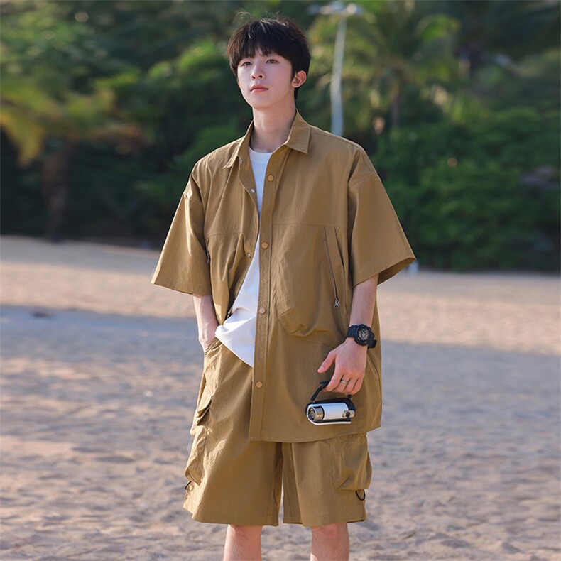 夏季套装男高品潮牌五分袖衬衫短裤大码两件套DSA157B-C68-P90,男装衬衫,电商A157B