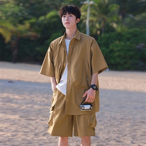 夏季套装男高品潮牌五分袖衬衫短裤大码两件套DSA157B-C68-P90图片