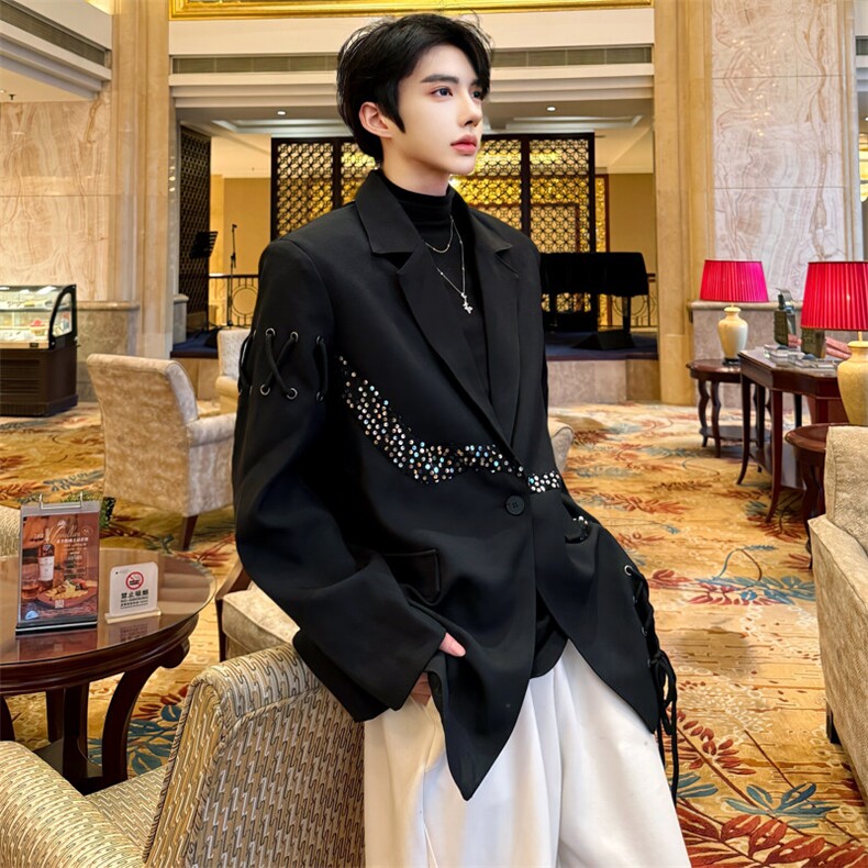 （图）春季暗黑系ins拼接亮片西装绑带设计感西服5021-P123,男装西服,星座910-5