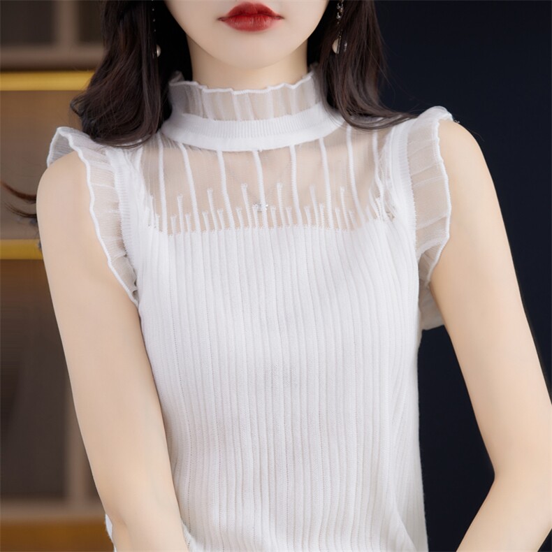 时尚女装无袖蕾丝拼接仿羊毛针织衫显瘦修身百搭上衣,针织衫/毛衣,桦兴羊绒