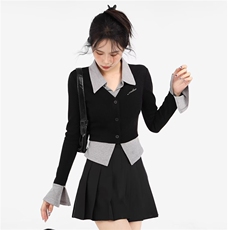 韩都衣舍黑色针织开衫女早秋季学院风假两件修身外搭短款长袖上衣，男装卫衣，星座1210-1