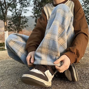 红色格子裤子春秋冬新款高腰垂感阔腿裤休闲加厚毛呢棉裤KK351-45图片
