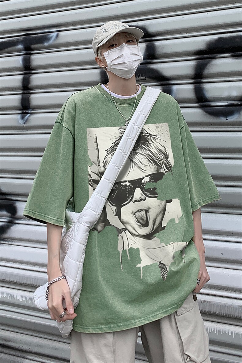 复古水洗做旧趣味人物印花重磅落肩袖短袖T恤XZ514-2-24120-P38,男装T恤,星座514-2(原B239)
