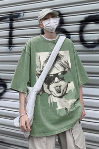 复古水洗做旧 趣味人物印花 重磅落肩袖短袖T恤XZ514-2-24120-P38图片
