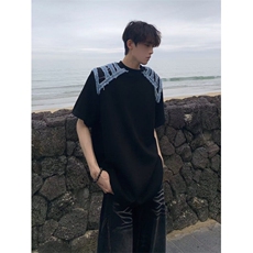 W9983-P45网图现货网红拼接牛仔五分袖T恤夏季潮流圆领短袖，男装T恤，星座1608-2