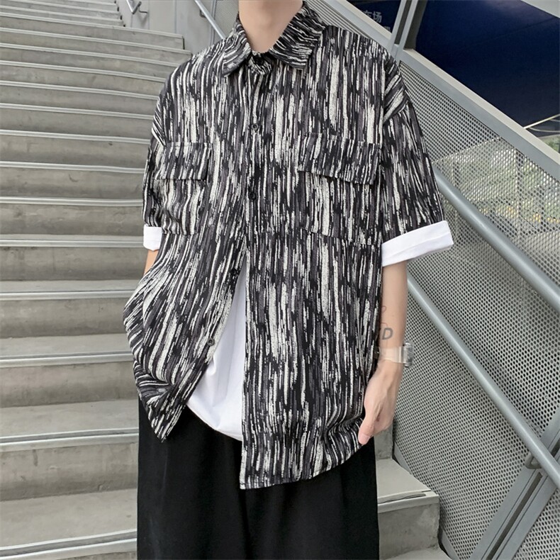 个性条纹短袖衬衫男夏季新款ins潮牌五分袖休闲衬衣外套W944-P30,男装衬衫,星座512-2